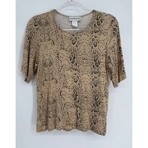C.D. Petites Womens Tan Black Snakeskin Print Short Sleeve Scoop Neck Top PS